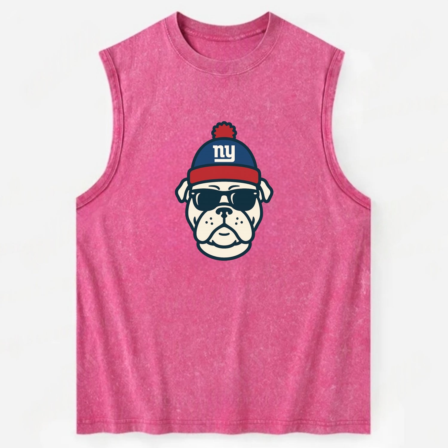 New York Bulldog wearing Giants blue and red beanie with pom pom and wayfarer - Vintage Washed Tank - Pink