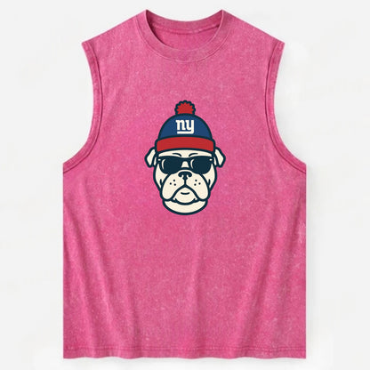 New York Bulldog wearing Giants blue and red beanie with pom pom and wayfarer - Vintage Washed Tank - Pink