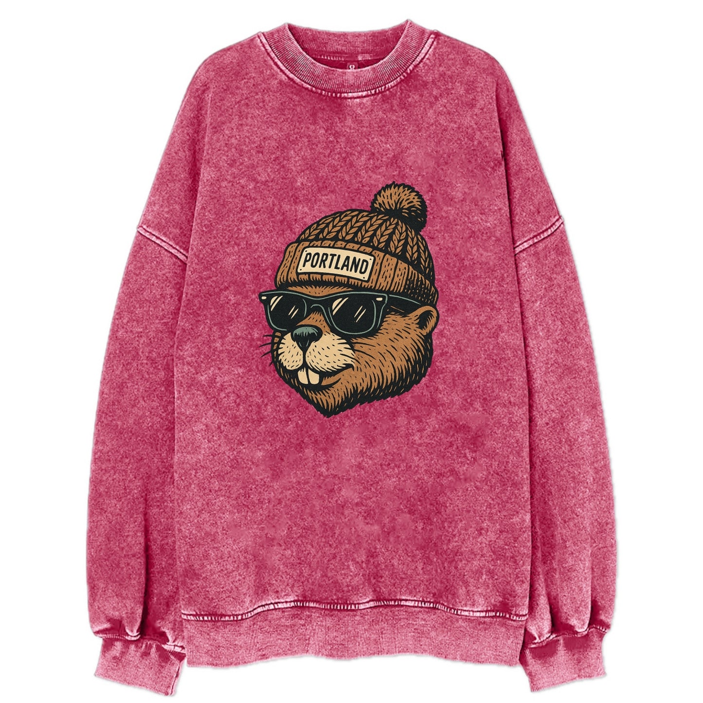 Portland Beaver wearing Portland beanie with pom pom and wayfarer sunglasses - Vintage Sweatshirt - Pink