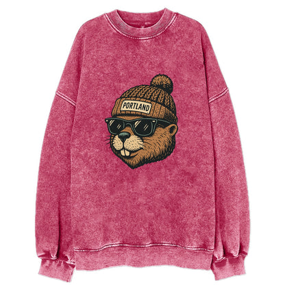 Portland Beaver wearing Portland beanie with pom pom and wayfarer sunglasses - Vintage Sweatshirt - Pink