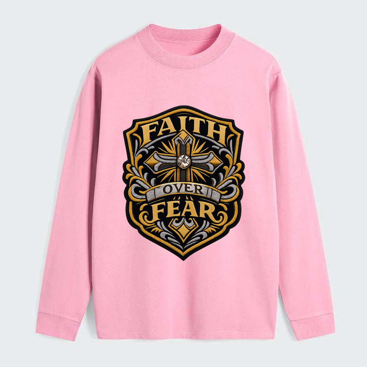 FAITH OVER FEAR - cross with text in gold , spiritual strength - Classic Long Sleeve Shirt - Pink