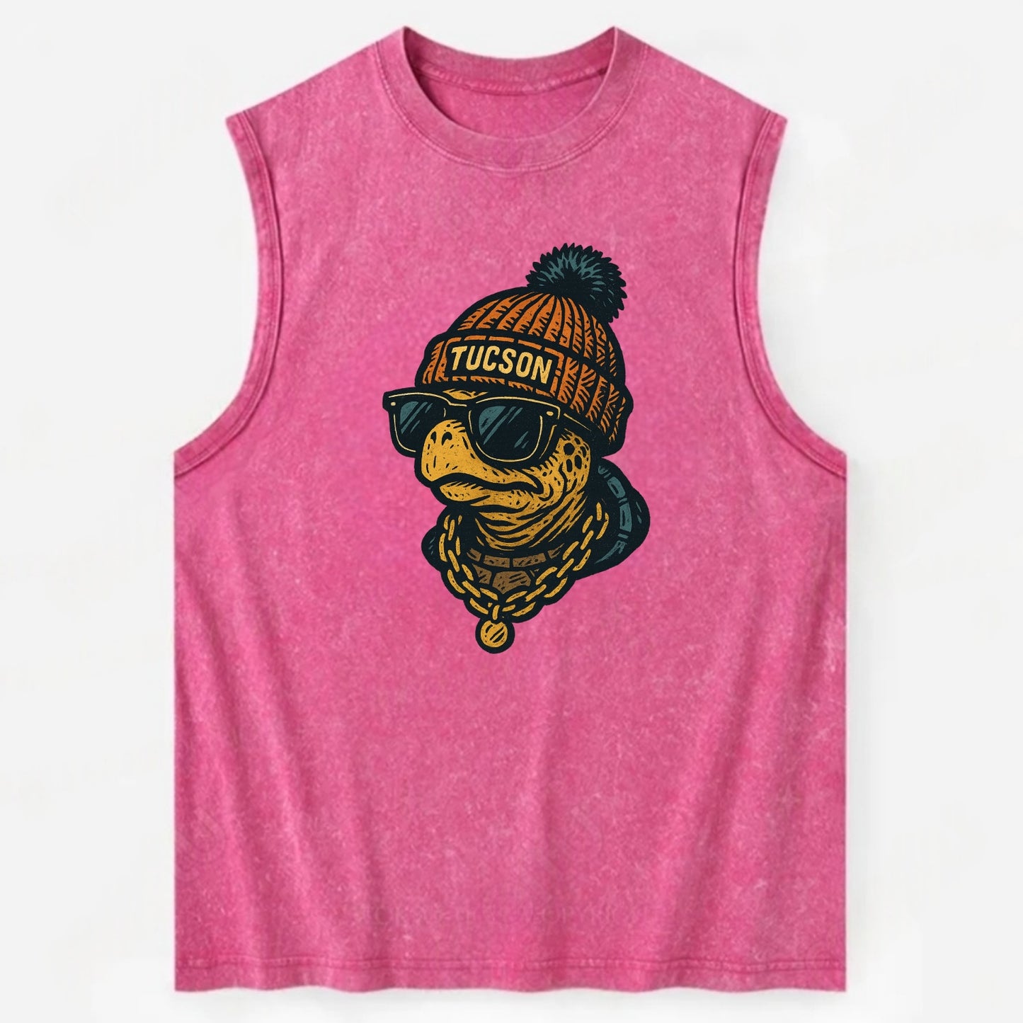 Tucson Desert Tortoise wearing Tucson beanie with pom pom and wayfarer - Vintage Washed Tank - Pink
