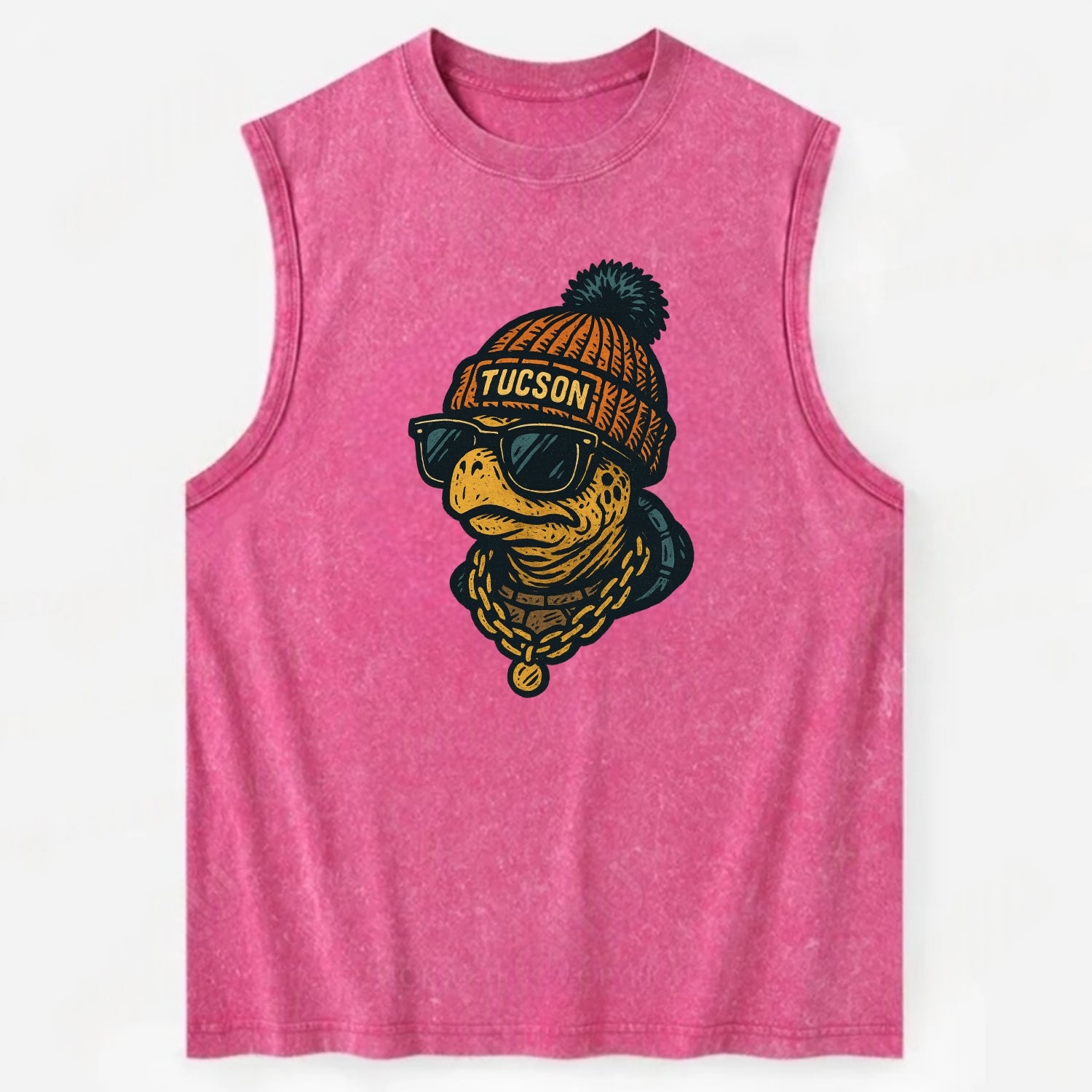 Tucson Desert Tortoise wearing Tucson beanie with pom pom and wayfarer - Vintage Washed Tank - Pink