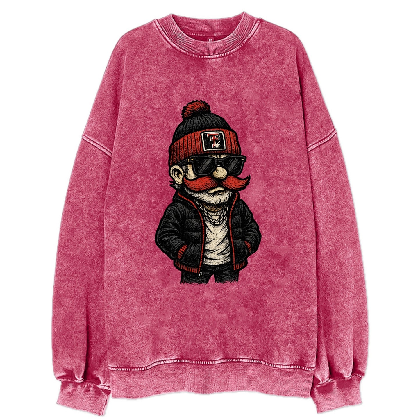 Lubbock Raider wearing Texas Tech beanie with guns up patch - Vintage Sweatshirt - Pink