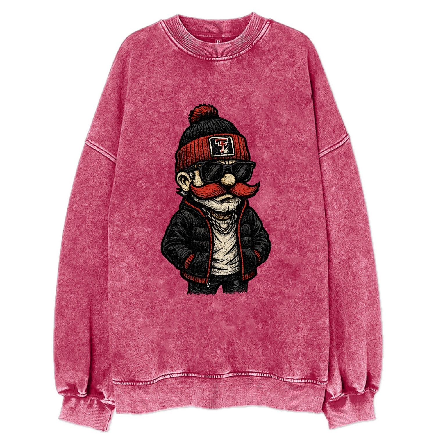 Lubbock Raider wearing Texas Tech beanie with guns up patch - Vintage Sweatshirt - Pink