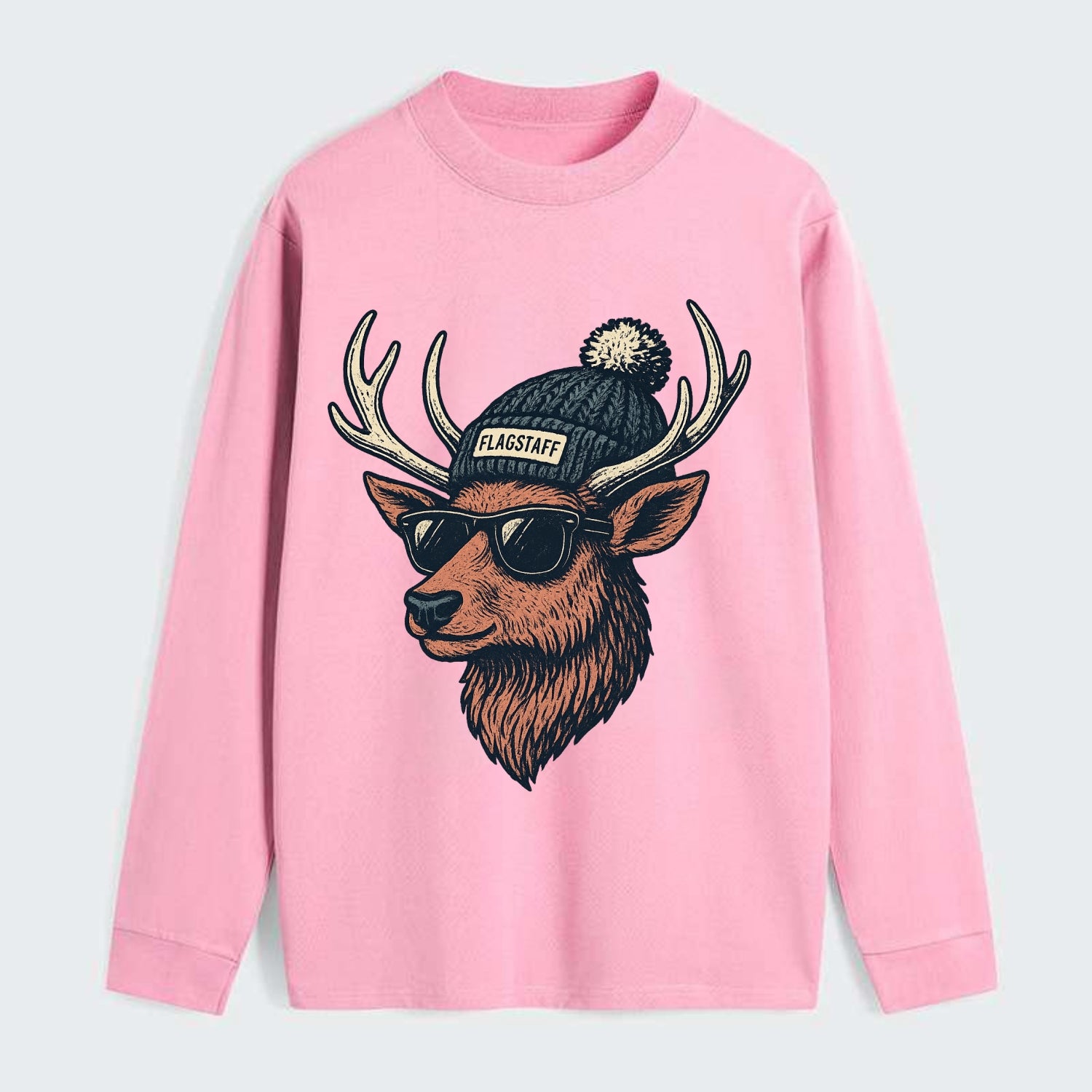 Flagstaff Elk wearing Flagstaff beanie with pom pom and wayfarer - Classic Long Sleeve Shirt - Pink