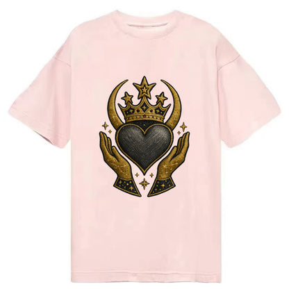 Celtic knot crown with woven strands merging into copper hands shielding a pewter - Classic T-shirt - Pink