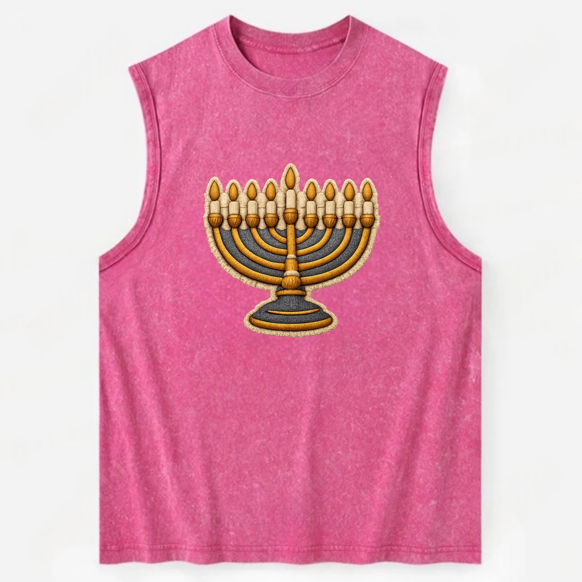 MENORAH LIGHTS - nine branch candelabra in gold and blue , Hanukkah - Vintage Washed Tank - Pink