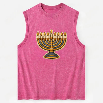 MENORAH LIGHTS - nine branch candelabra in gold and blue , Hanukkah - Vintage Washed Tank - Pink