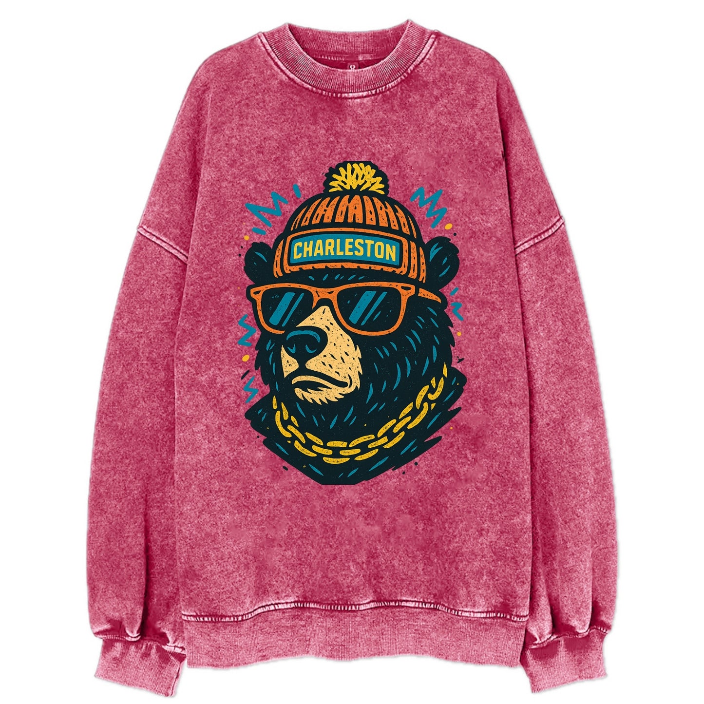 West Virginia Black Bear wearing Charleston beanie with pom pom and wayfarer - Vintage Sweatshirt - Pink