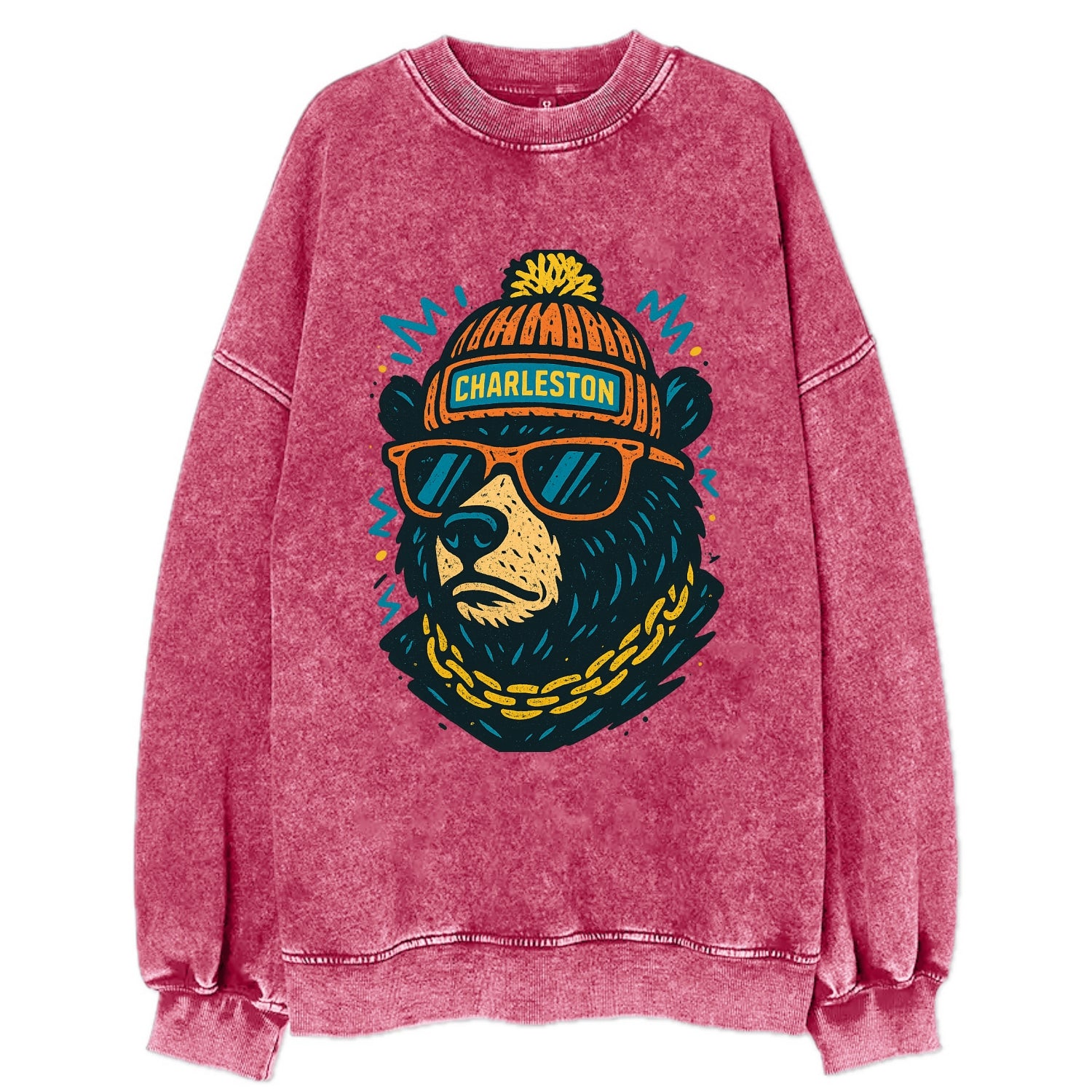 West Virginia Black Bear wearing Charleston beanie with pom pom and wayfarer - Vintage Sweatshirt - Pink