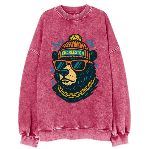 West Virginia Black Bear wearing Charleston beanie with pom pom and wayfarer - Vintage Sweatshirt