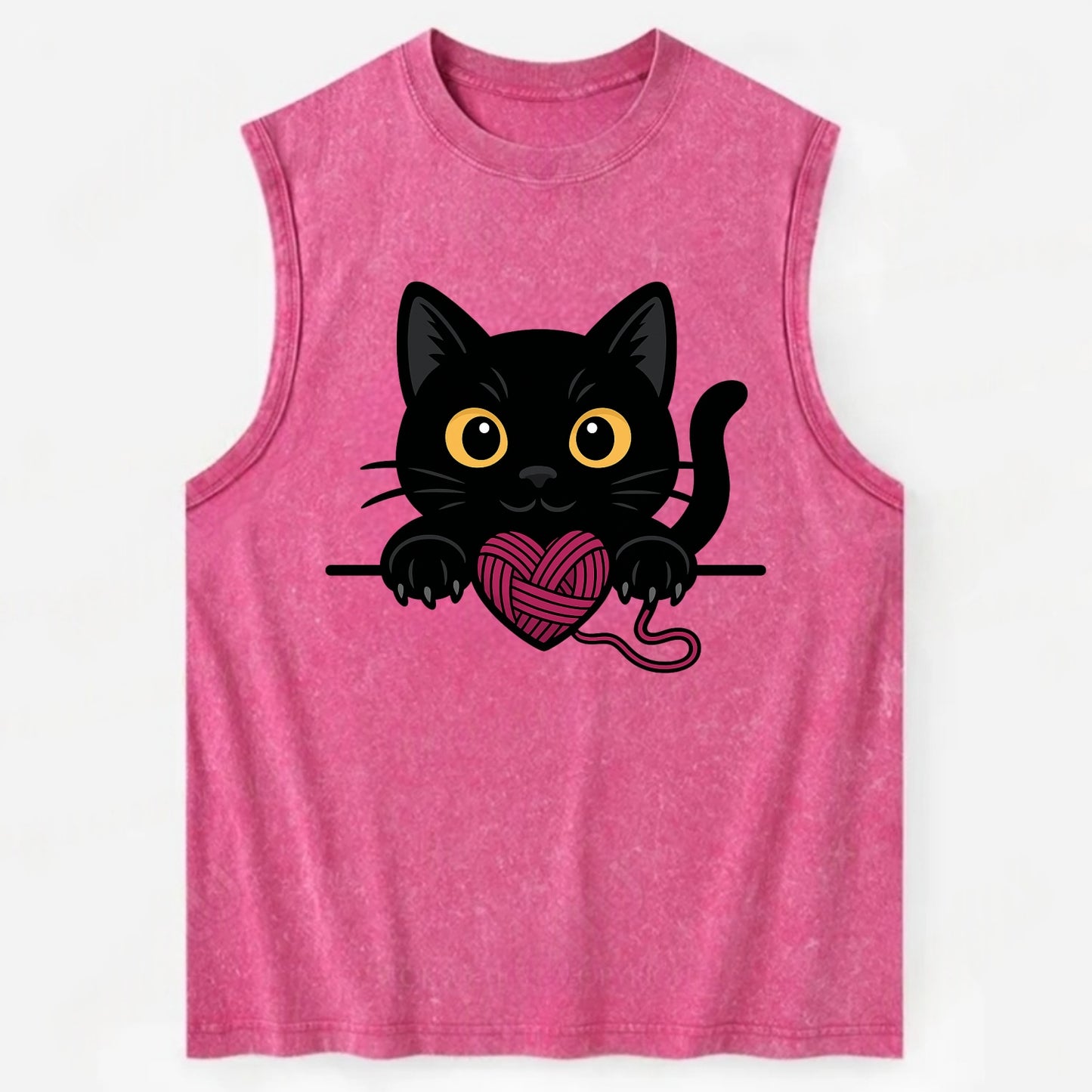 Midnight the black cat stretching tall with claws gently hooked over the edge. - Vintage Washed Tank - Pink