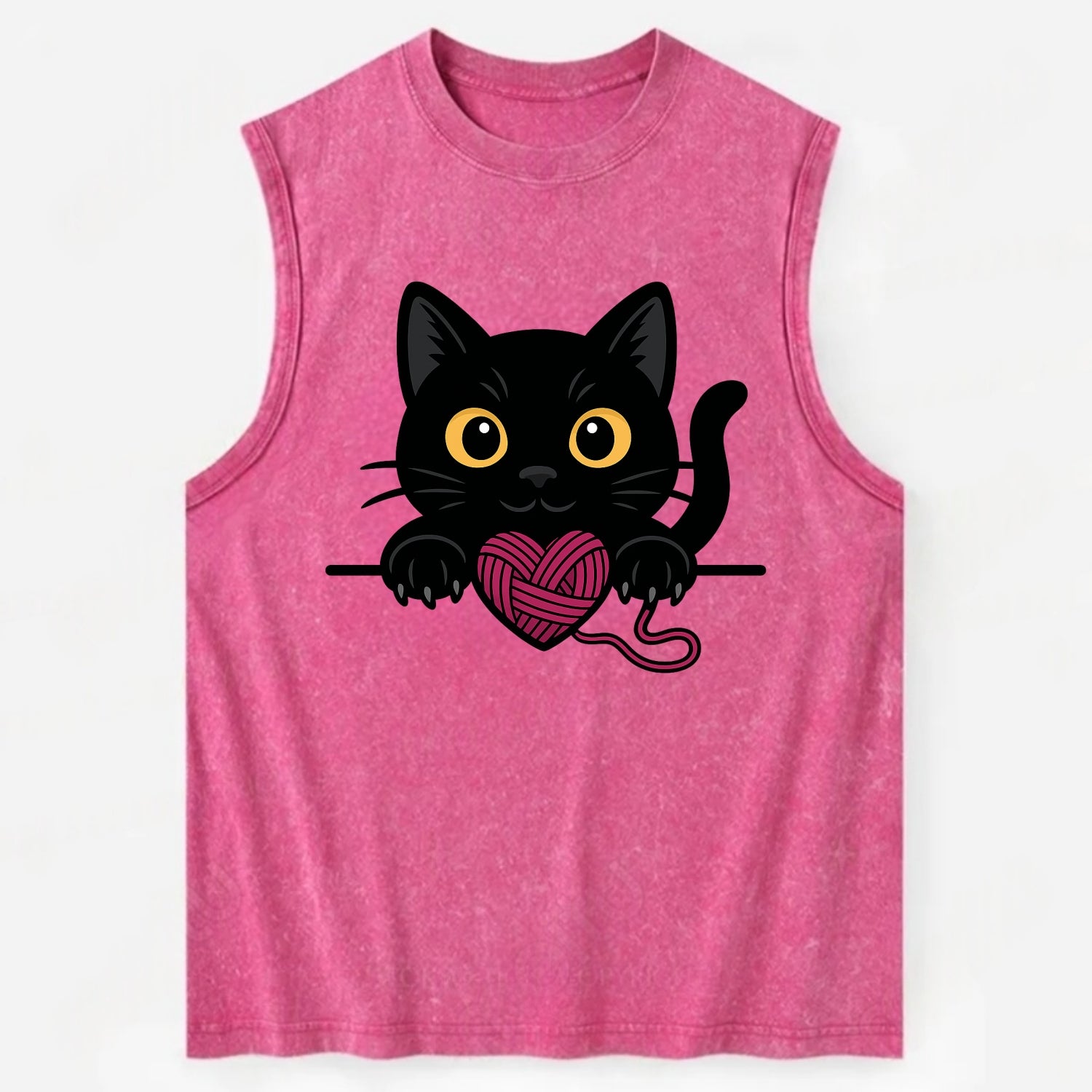 Midnight the black cat stretching tall with claws gently hooked over the edge. - Vintage Washed Tank - Pink