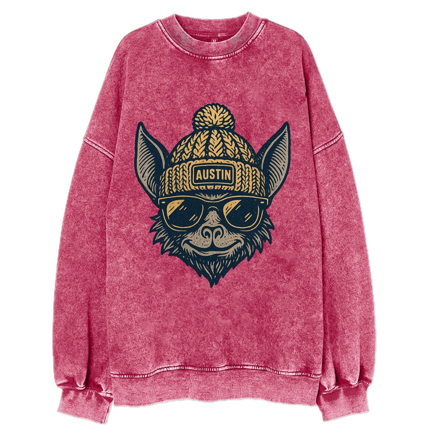 Austin Bat wearing Austin beanie with pom pom and wayfarer sunglasses - Vintage Sweatshirt - Pink