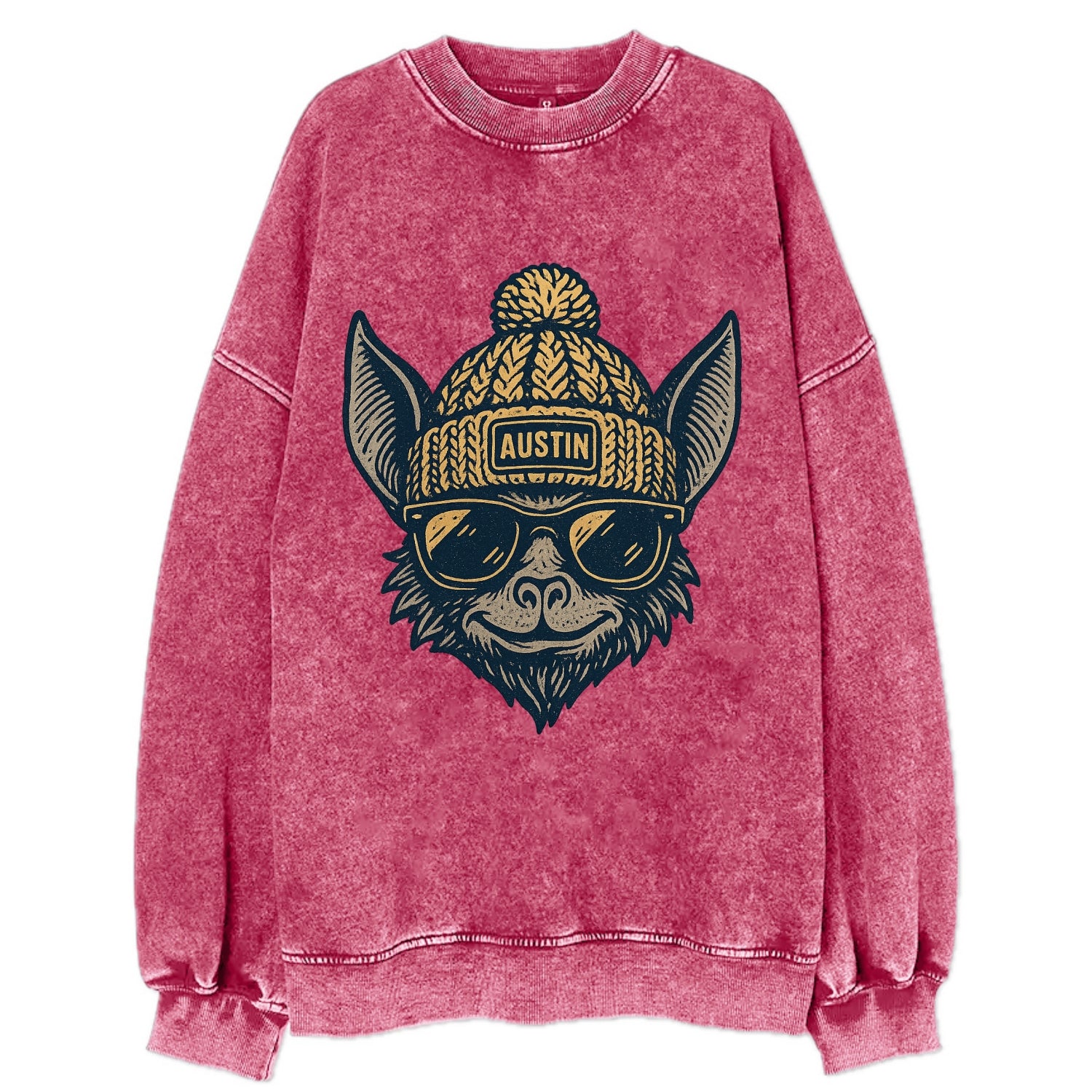 Austin Bat wearing Austin beanie with pom pom and wayfarer sunglasses - Vintage Sweatshirt - Pink
