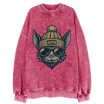 Austin Bat wearing Austin beanie with pom pom and wayfarer sunglasses - Vintage Sweatshirt - Pink