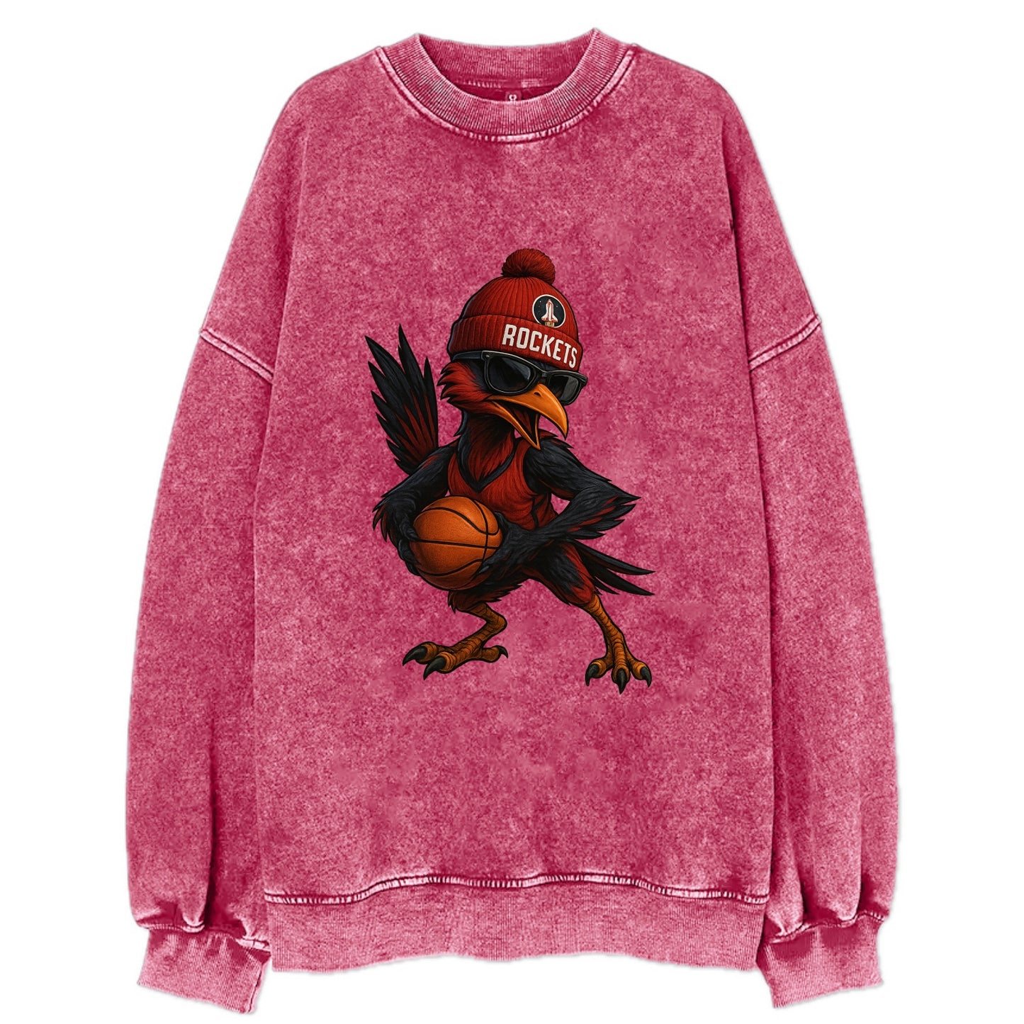 Houston Roadrunner wearing Rockets beanie with launch pad patch and wayfarer - Vintage Sweatshirt - Pink