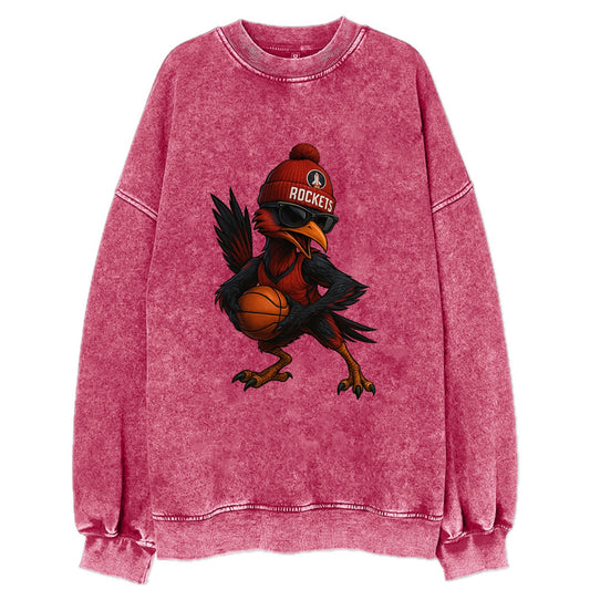 Houston Roadrunner wearing Rockets beanie with launch pad patch and wayfarer - Vintage Sweatshirt - Pink