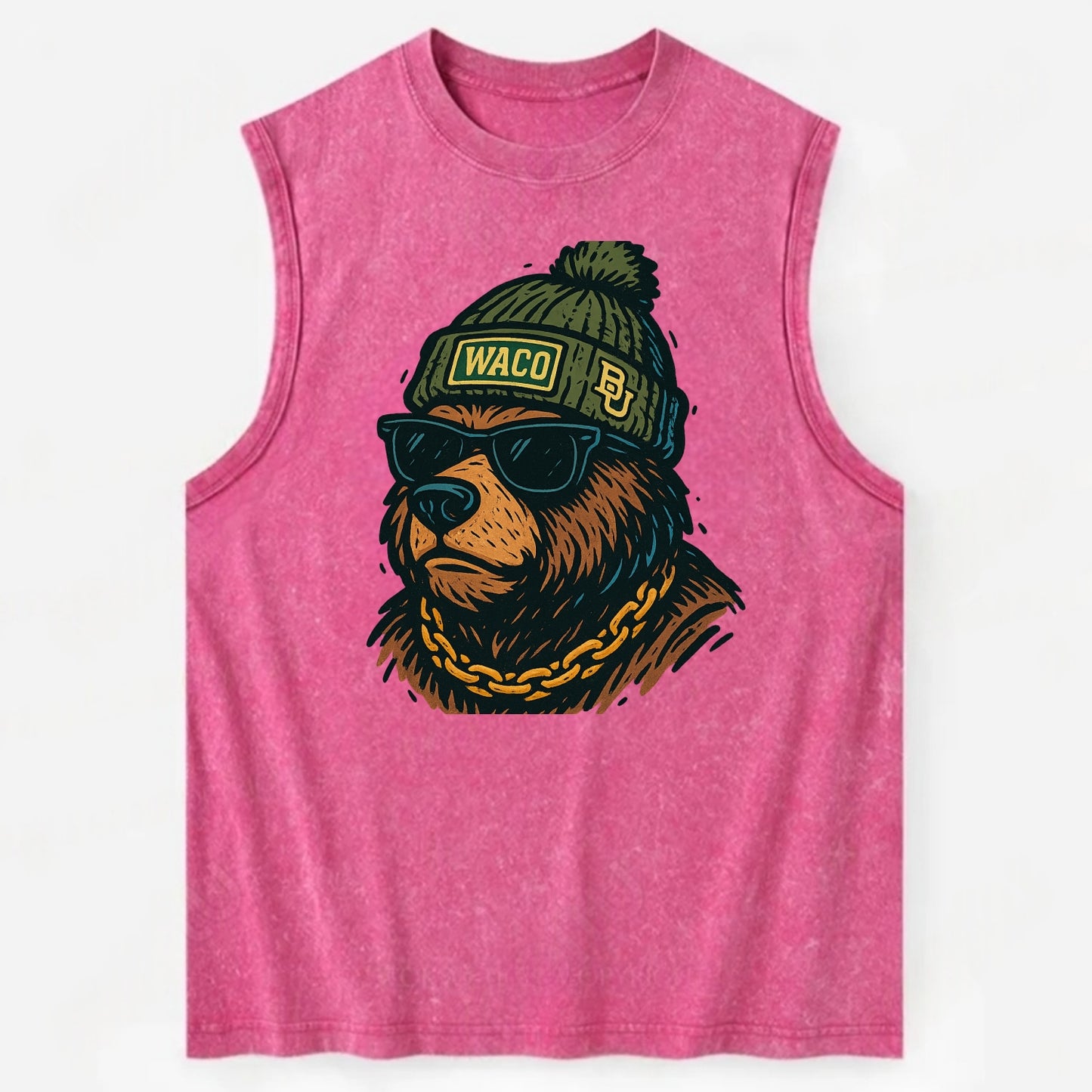 Waco Bear wearing Baylor beanie with BU patch - Vintage Washed Tank - Pink