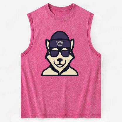 Seattle Husky wearing Washington beanie with W patch - Vintage Washed Tank - Pink