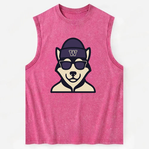 Seattle Husky wearing Washington beanie with W patch - Vintage Washed Tank