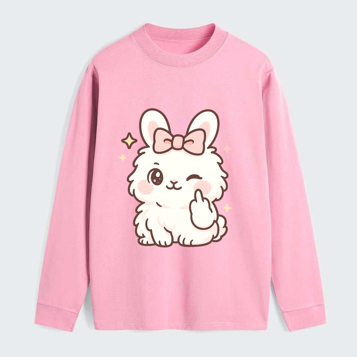 fluffy white angora rabbit with pink bow, one paw delicately flipping - Classic Long Sleeve Shirt - Pink