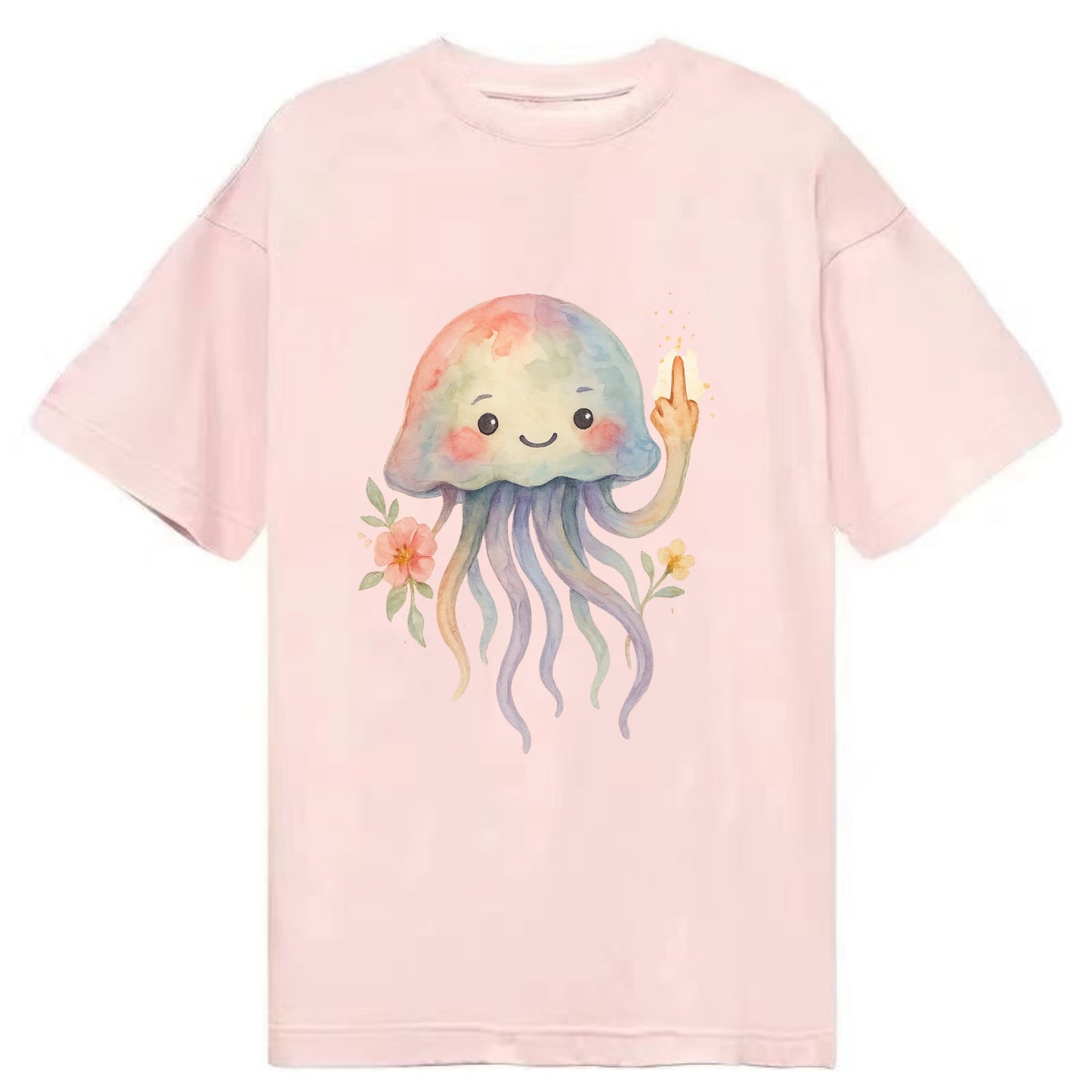 jellyfish with kawaii face and tentacles, one tentacle pointing up defiantly - Classic T-shirt - Pink