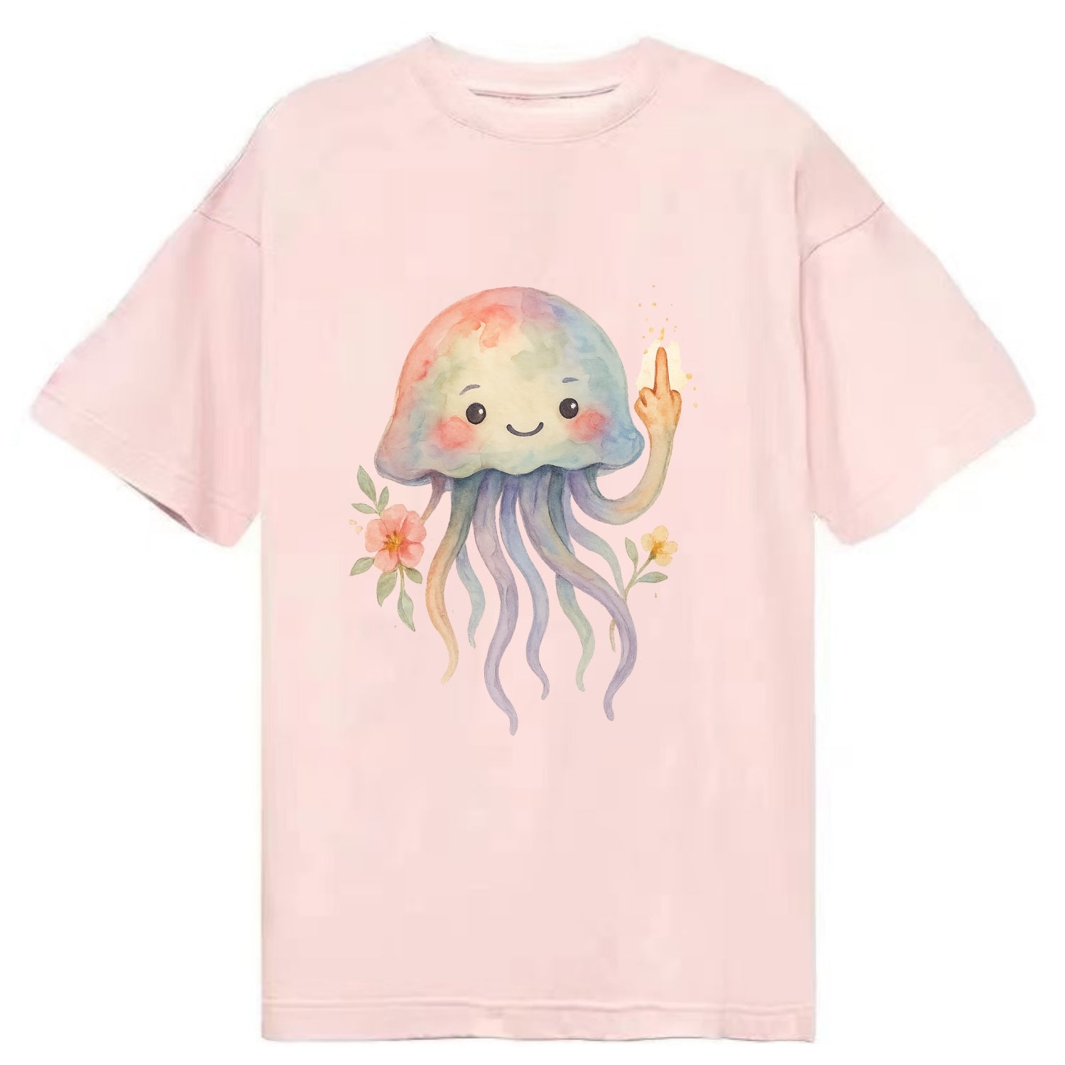jellyfish with kawaii face and tentacles, one tentacle pointing up defiantly - Classic T-shirt - Pink