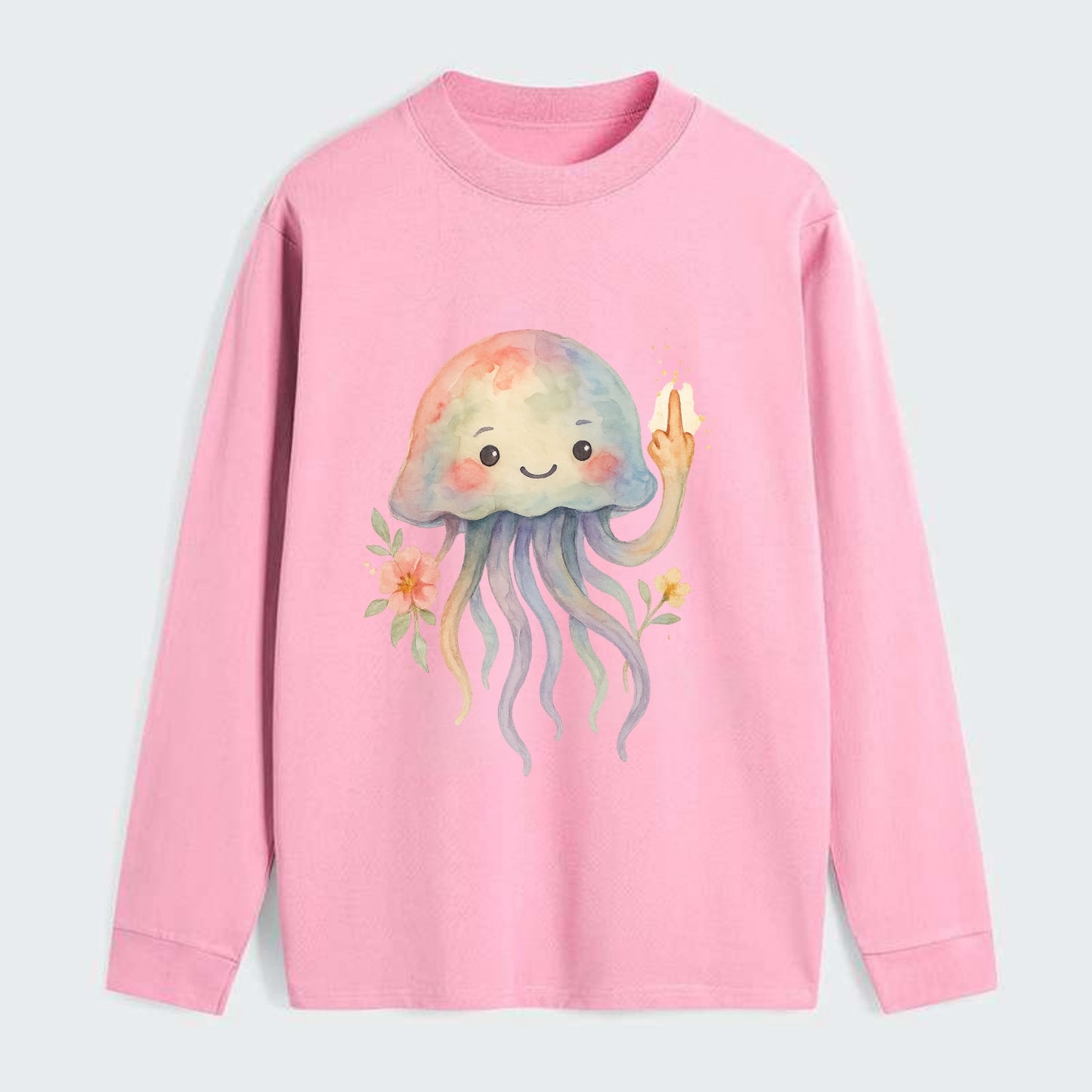 jellyfish with kawaii face and tentacles, one tentacle pointing up - Classic Long Sleeve Shirt - Pink