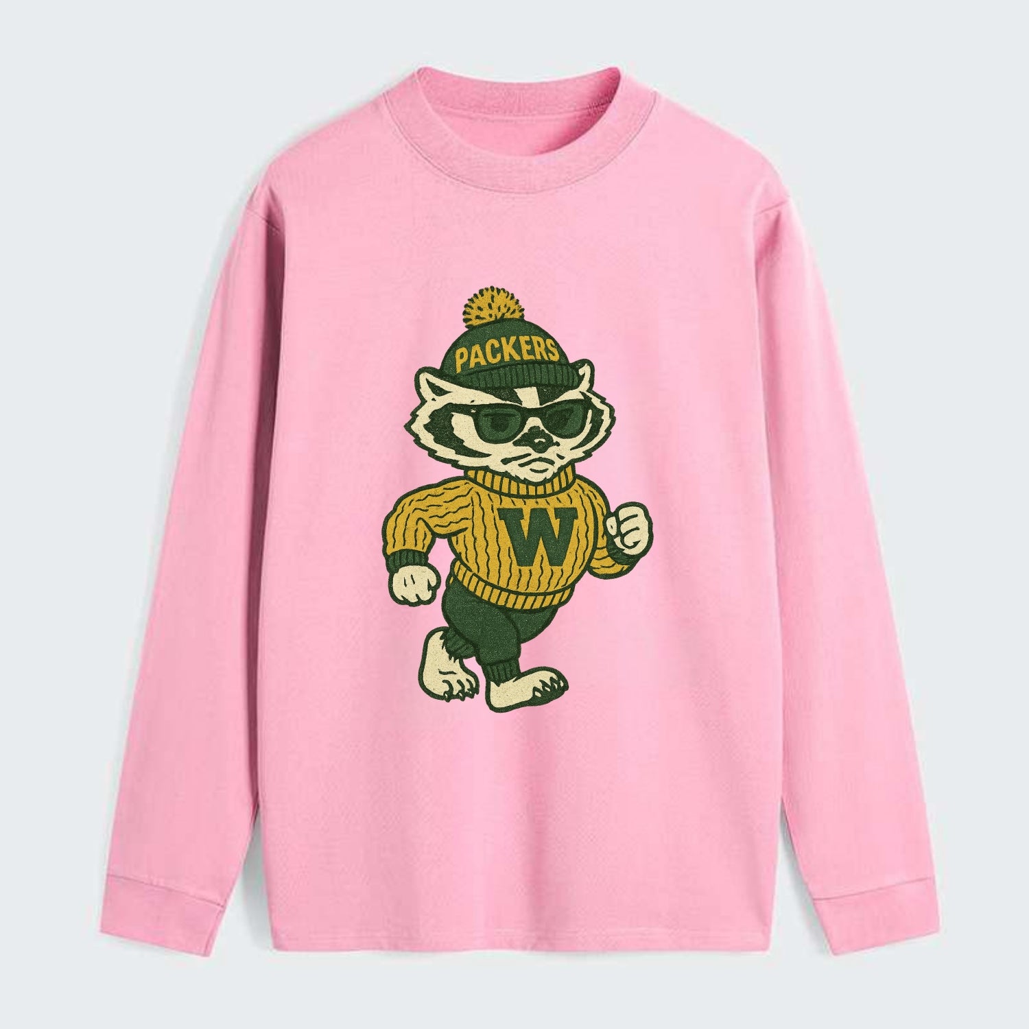 Wisconsin Badger wearing Packers green and gold beanie with pom pom and - Classic Long Sleeve Shirt - Pink