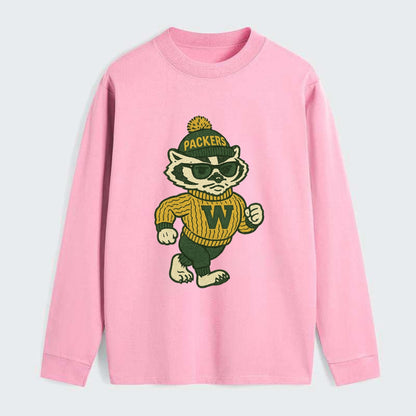 Wisconsin Badger wearing Packers green and gold beanie with pom pom and - Classic Long Sleeve Shirt - Pink