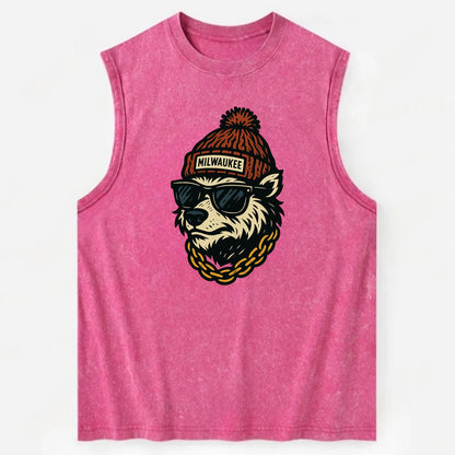 Milwaukee Badger wearing Milwaukee beanie with pom pom and wayfarer sunglasses - Vintage Washed Tank - Pink