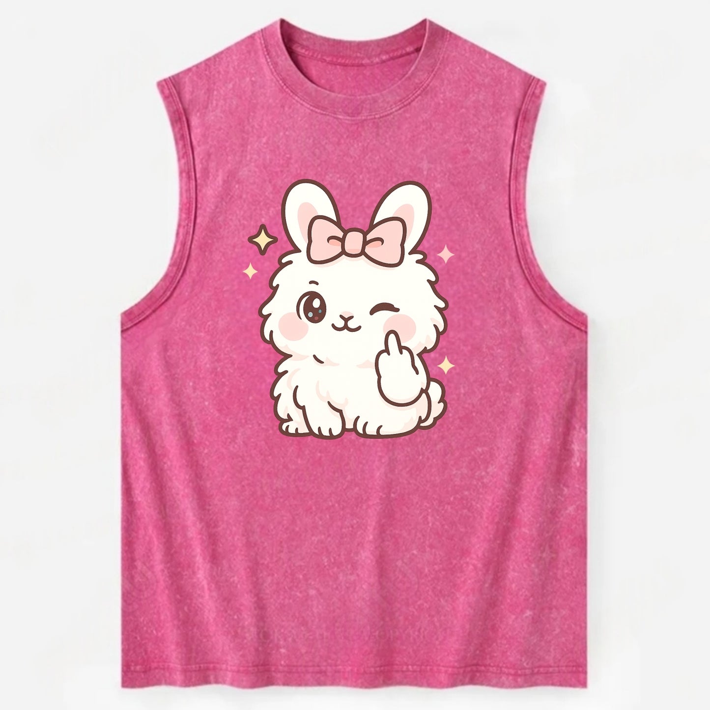 fluffy white angora rabbit with pink bow, one paw delicately flipping off - Vintage Washed Tank - Pink