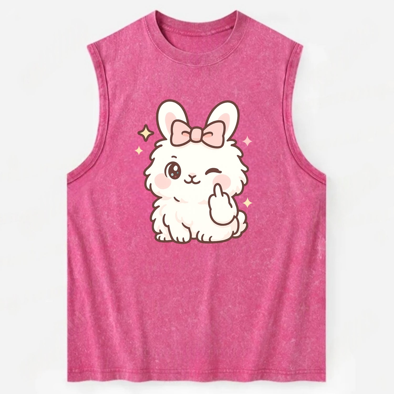 fluffy white angora rabbit with pink bow, one paw delicately flipping off - Vintage Washed Tank - Pink