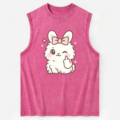 fluffy white angora rabbit with pink bow, one paw delicately flipping off - Vintage Washed Tank - Pink