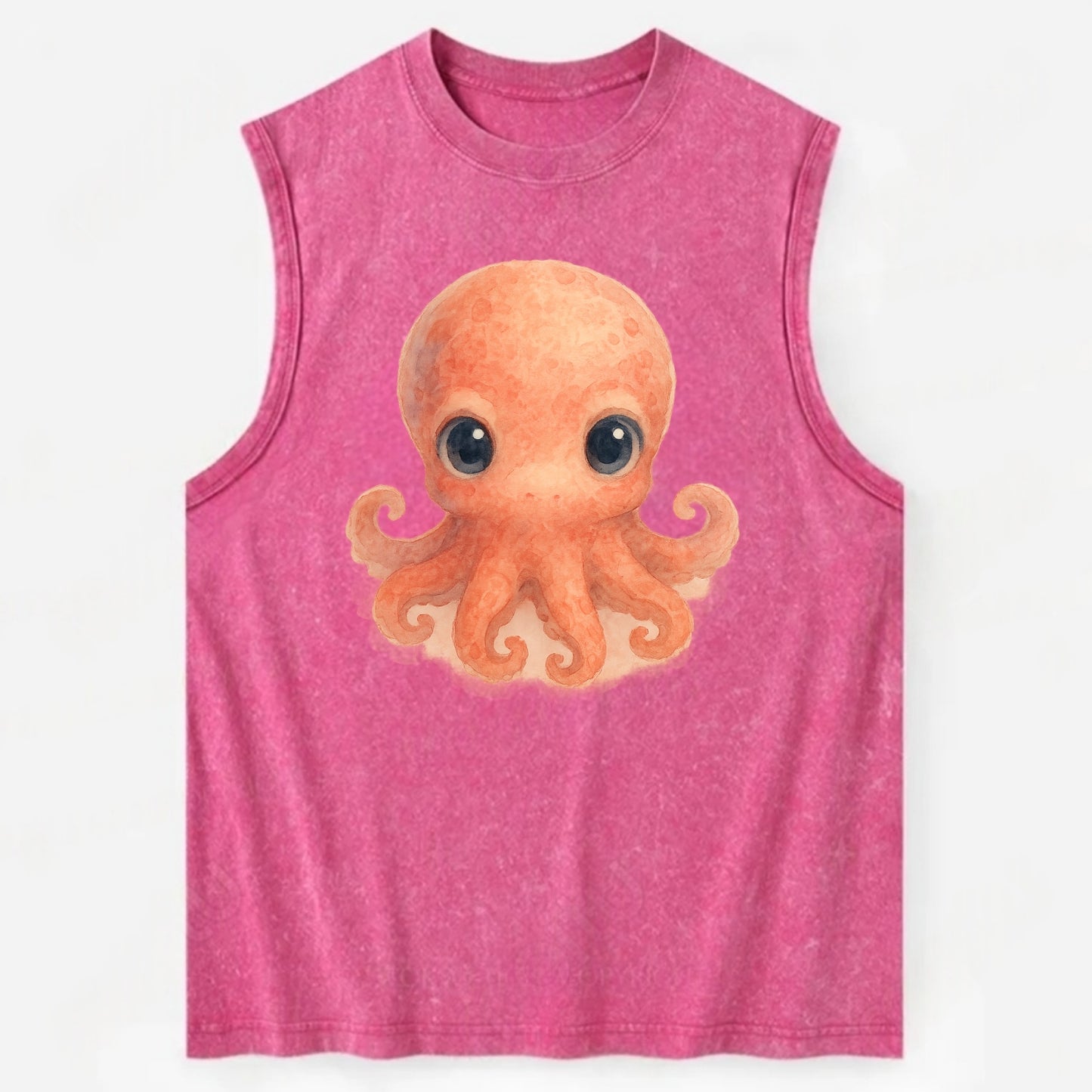 Baby Octopus - red-orange, eight tiny tentacles curled, large intelligent - Vintage Washed Tank - Pink