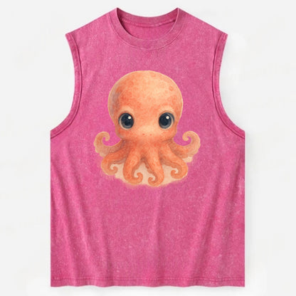 Baby Octopus - red-orange, eight tiny tentacles curled, large intelligent - Vintage Washed Tank - Pink