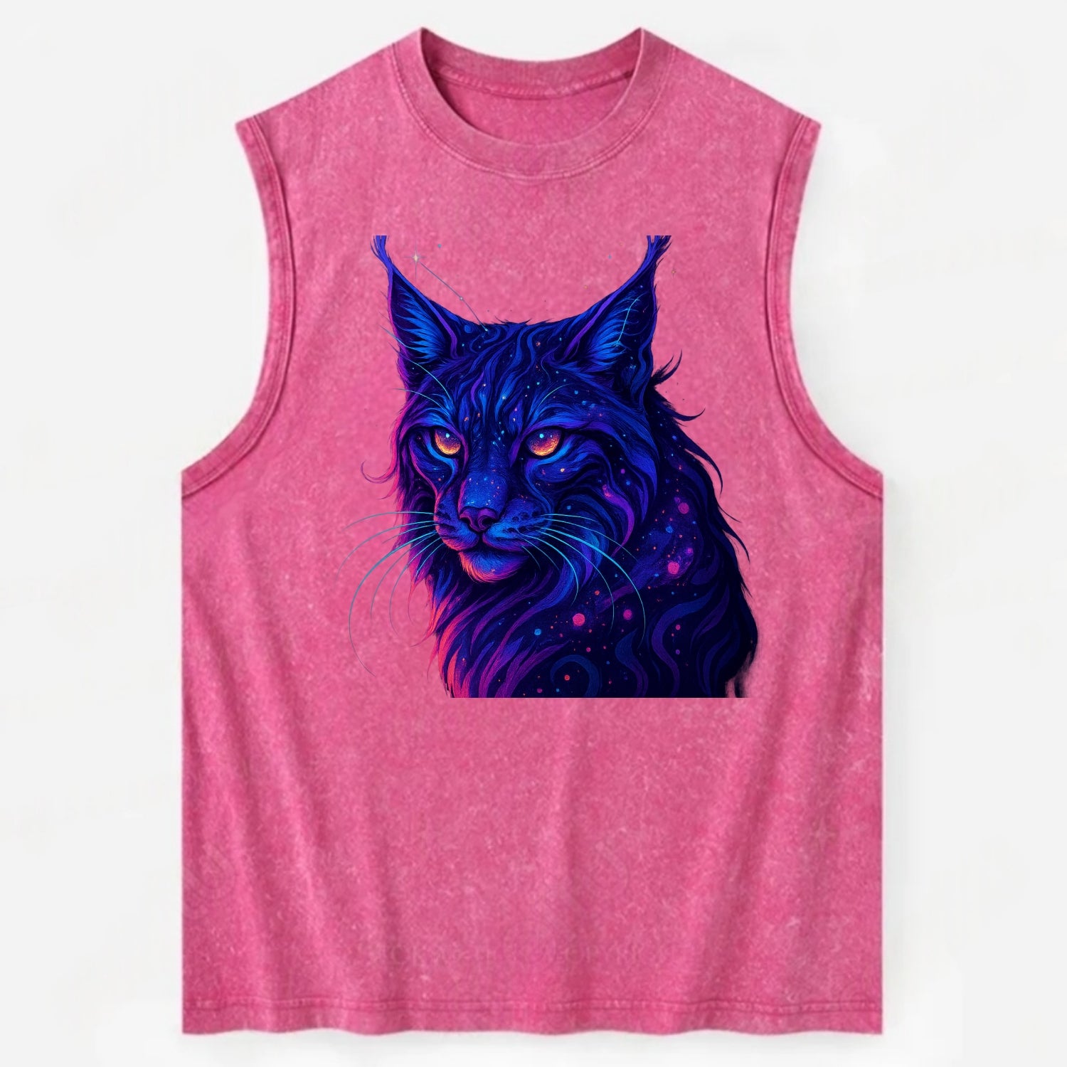 Stealthy lynx with ear tufts forming constellation patterns, nebula spots - Vintage Washed Tank - Pink
