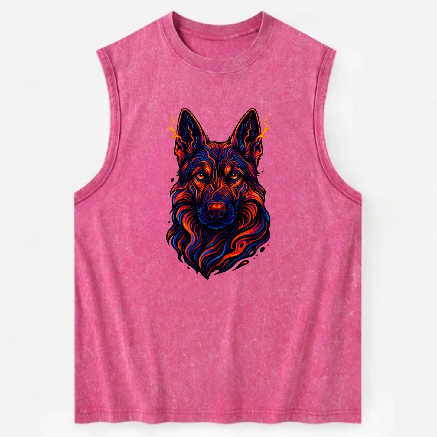Alert German Shepherd with cyber circuit patterns in the fur, neon orange and - Vintage Washed Tank - Pink
