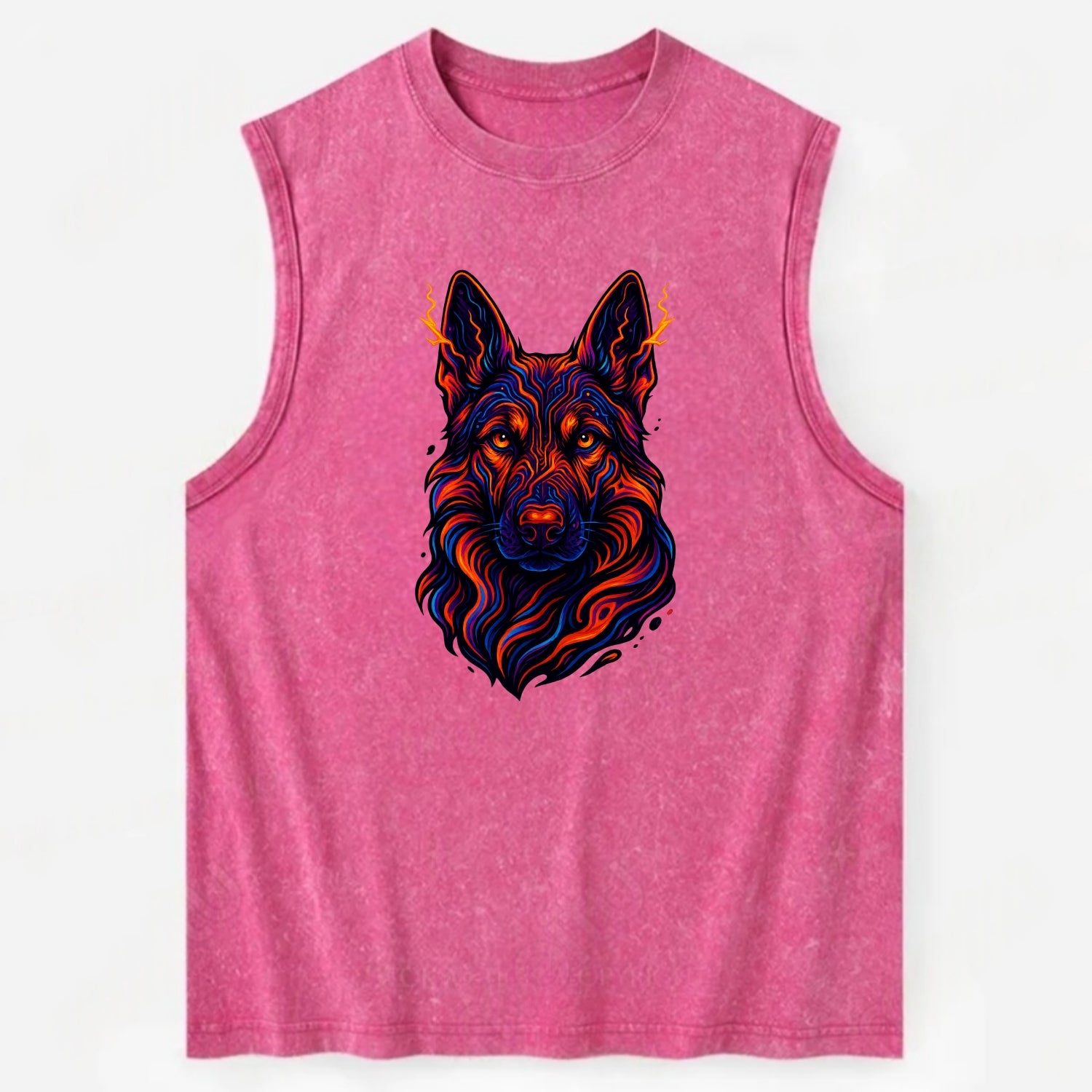 Alert German Shepherd with cyber circuit patterns in the fur, neon orange and - Vintage Washed Tank - Pink