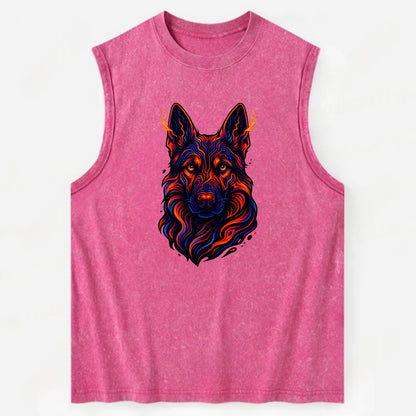 Alert German Shepherd with cyber circuit patterns in the fur, neon orange and - Vintage Washed Tank - Pink