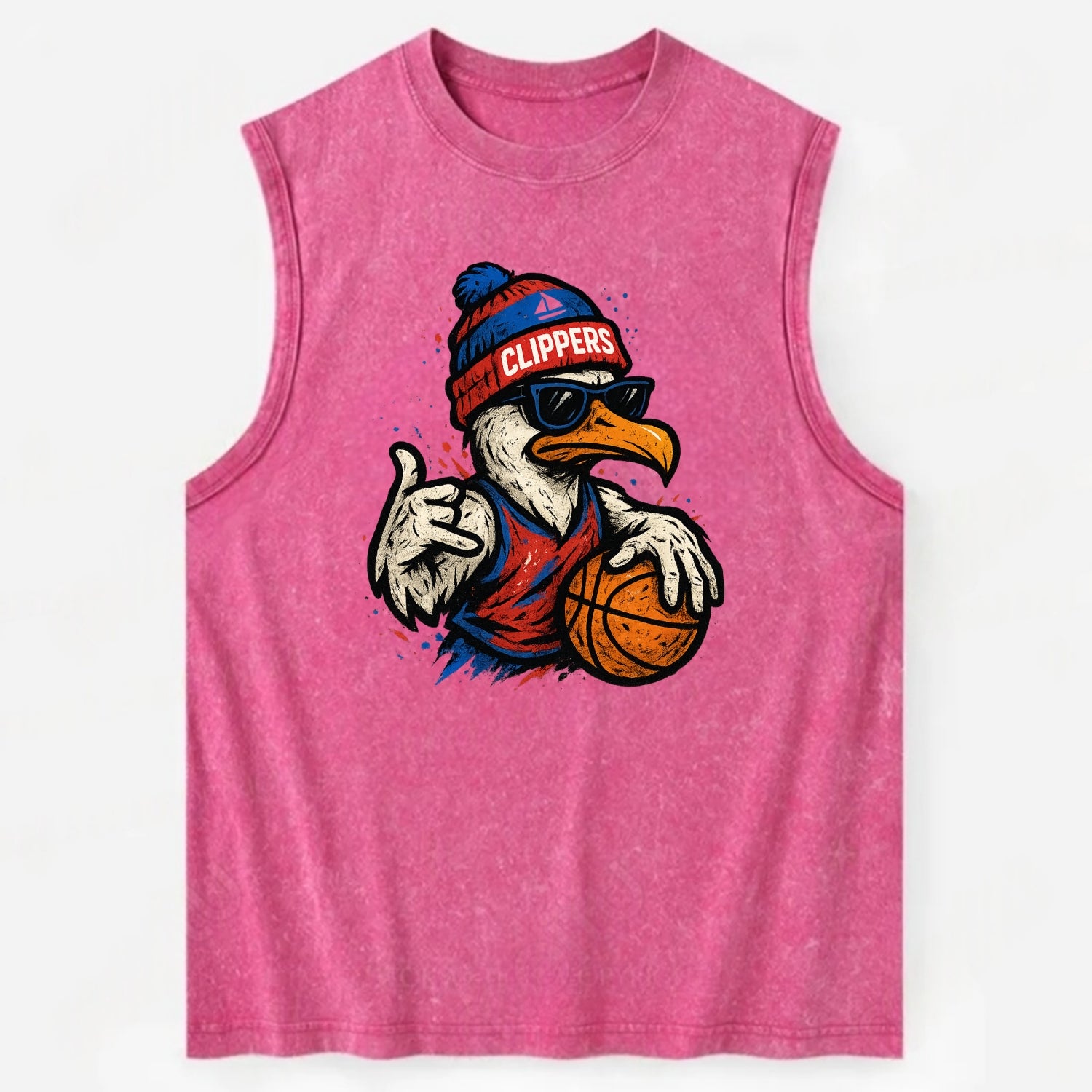 LA Seagull wearing Clippers red white and blue beanie with ship patch and - Vintage Washed Tank - Pink