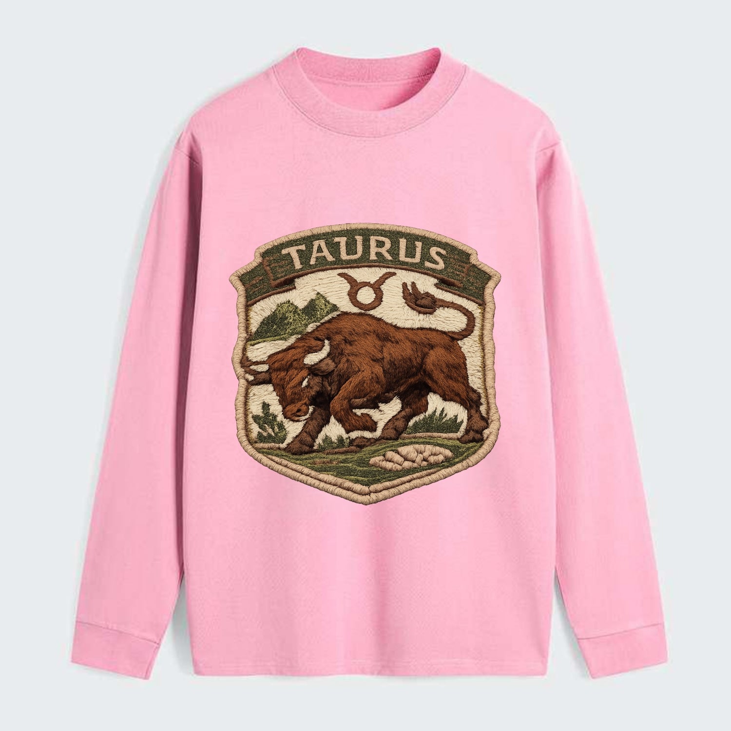 TAURUS BULL - strong bull in brown and green , earth sign - Classic Long Sleeve Shirt - Pink