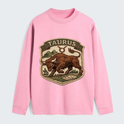 TAURUS BULL - strong bull in brown and green , earth sign - Classic Long Sleeve Shirt - Pink