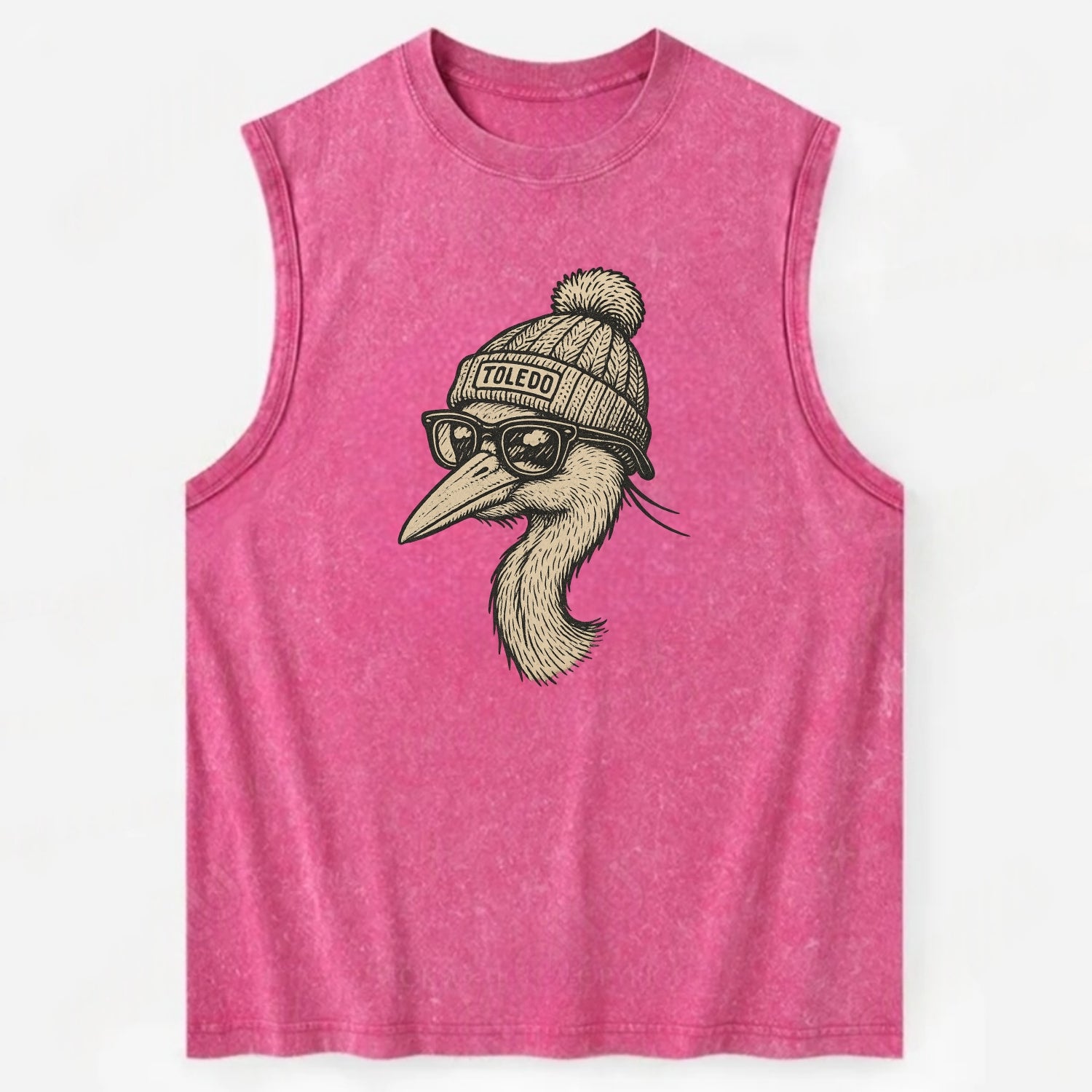 Toledo Great Blue Heron wearing Toledo beanie with pom pom and wayfarer - Vintage Washed Tank - Pink