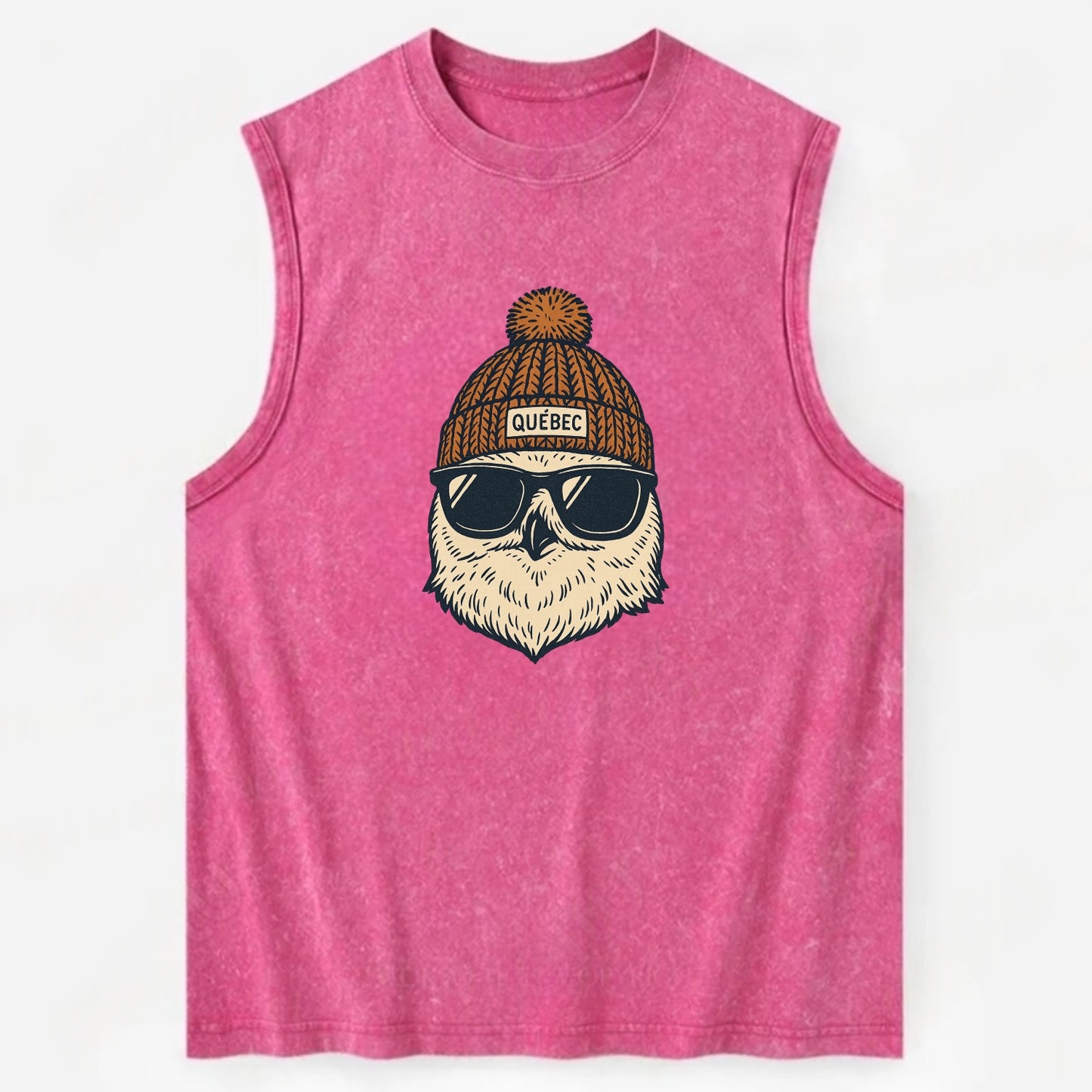 Quebec City Snowy Owl wearing Quebec beanie with pom pom and wayfarer - Vintage Washed Tank - Pink