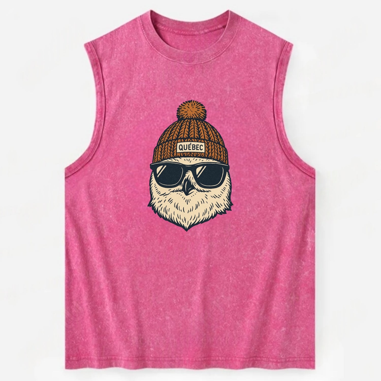 Quebec City Snowy Owl wearing Quebec beanie with pom pom and wayfarer - Vintage Washed Tank - Pink