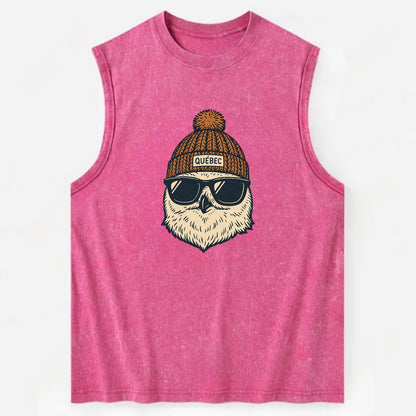 Quebec City Snowy Owl wearing Quebec beanie with pom pom and wayfarer - Vintage Washed Tank - Pink
