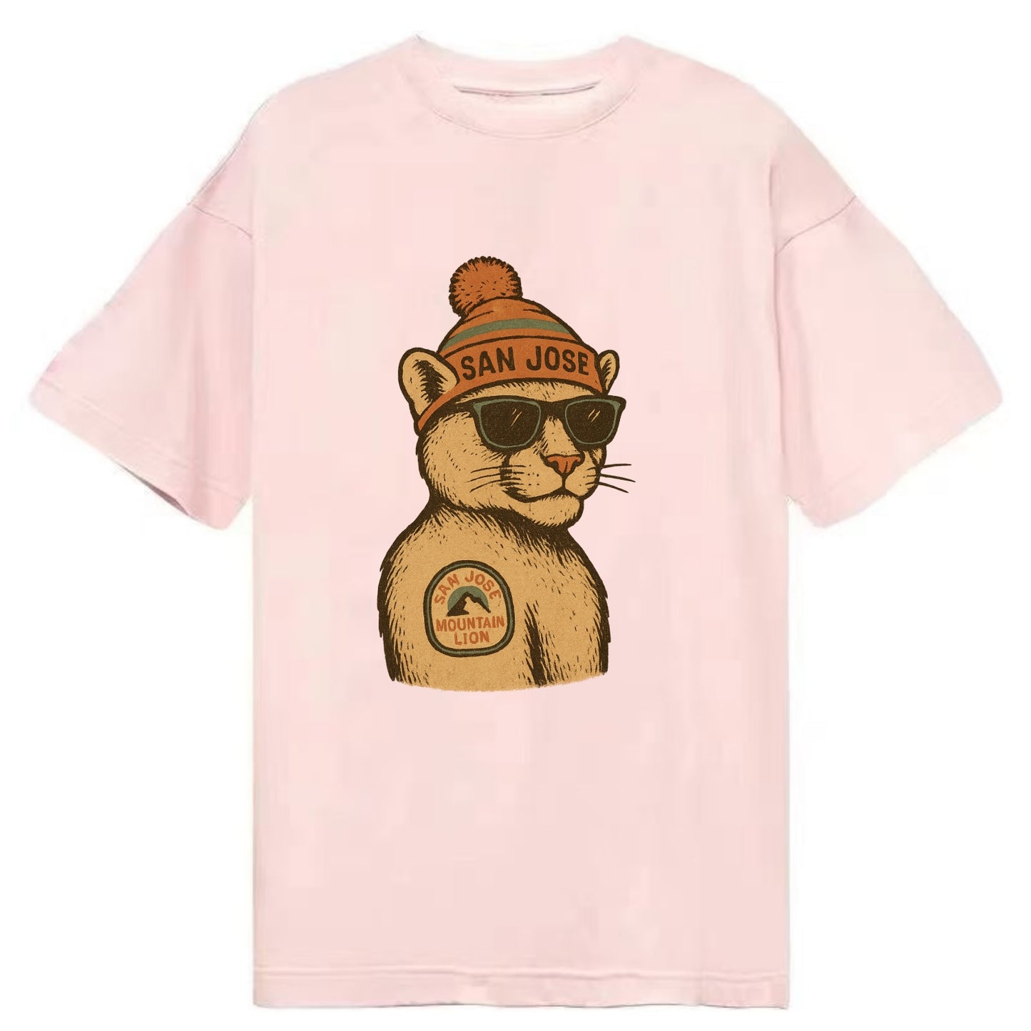 San Jose Mountain Lion wearing San Jose beanie with pom pom and wayfarer - Classic T-shirt - Pink